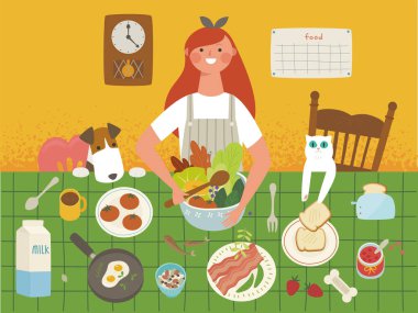 Bir kadın yemek dolu bir masada salata yapıyor. Kedi ekmeği çalıyor ve köpek bekliyor..