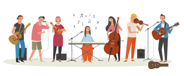 Fiatalok Hangszereken Játszanak Utcán Énekelnek — Stock Vector
