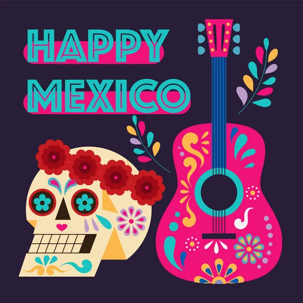 Meksykański Tradycyjny Festiwal Day Dead Plakat Ilustracji Czaszka Wieńcu Gitara — Wektor stockowy