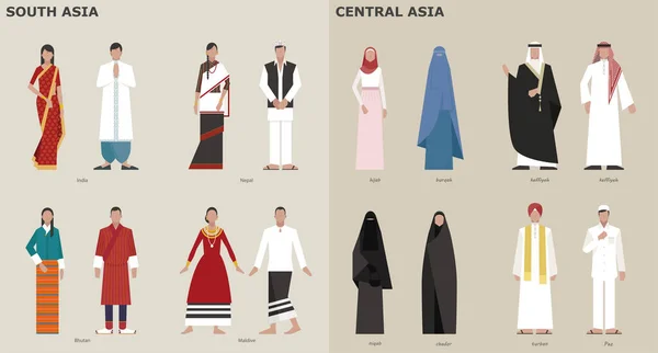 Una Colección Trajes Tradicionales Por País Asia Central Ilustraciones Diseño — Archivo Imágenes Vectoriales