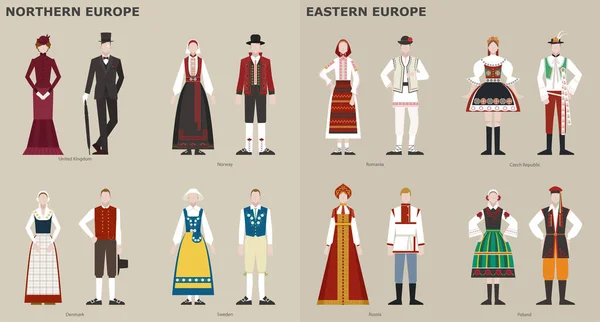 Una Colección Trajes Tradicionales Por País Europa Ilustraciones Diseño Vectorial — Archivo Imágenes Vectoriales