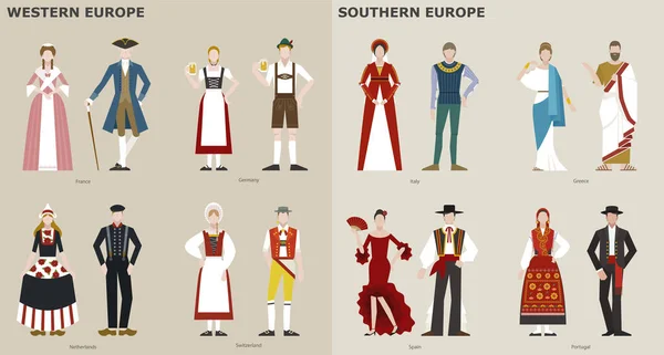 Una Colección Trajes Tradicionales Por País Europa Ilustraciones Diseño Vectorial — Archivo Imágenes Vectoriales