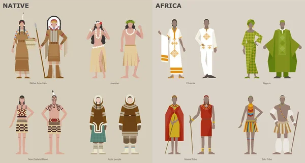 按国家分类的传统服装系列 土著人民和非洲人 矢量设计说明 — 图库矢量图片