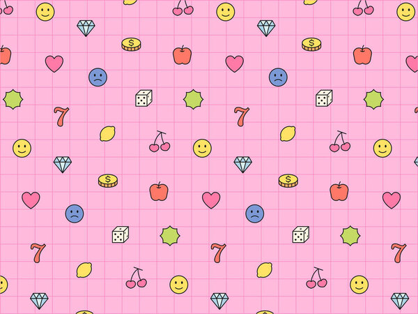 Cute gambling icons arranged on pink grid ears. Simple pattern design template.