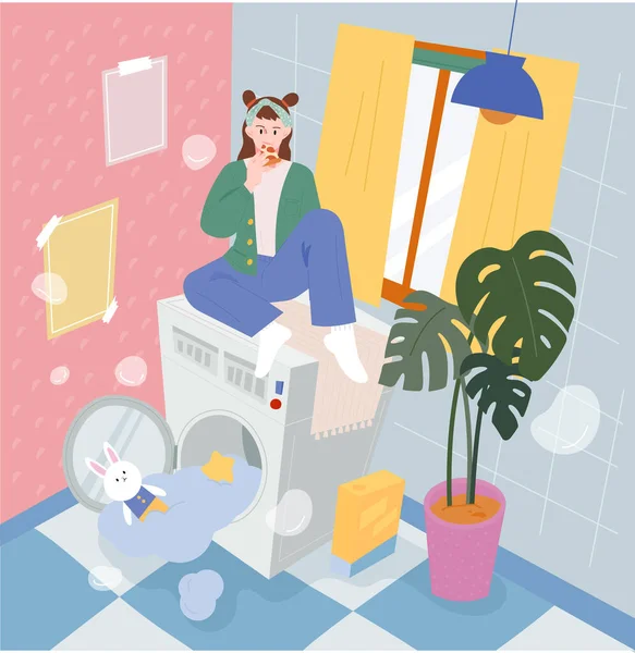 洗濯室だ 水が溢れピザを食べる洗濯機の上に女の子が座っている フラットデザインスタイル最小ベクトルイラスト — ストックベクタ