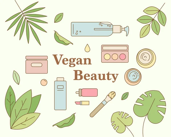 Cosmética Vegana Colocada Entre Las Hojas Dispersas Banner Ilustración Esquema — Vector de stock