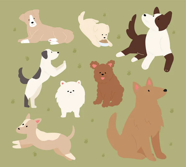 Симпатичні Собаки Різних Порід Сидять Або Грають Стиль Плоского Дизайну — стоковий вектор