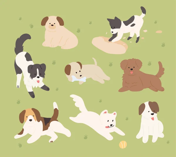 Des Chiens Mignons Différentes Races Jouent Sur Pelouse Illustration Vectorielle — Image vectorielle