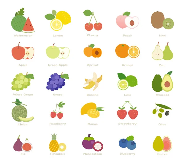 Viele Obstsorten Ganze Früchte Und Scheiben Flaches Design Minimale Vektorillustration — Stockvektor