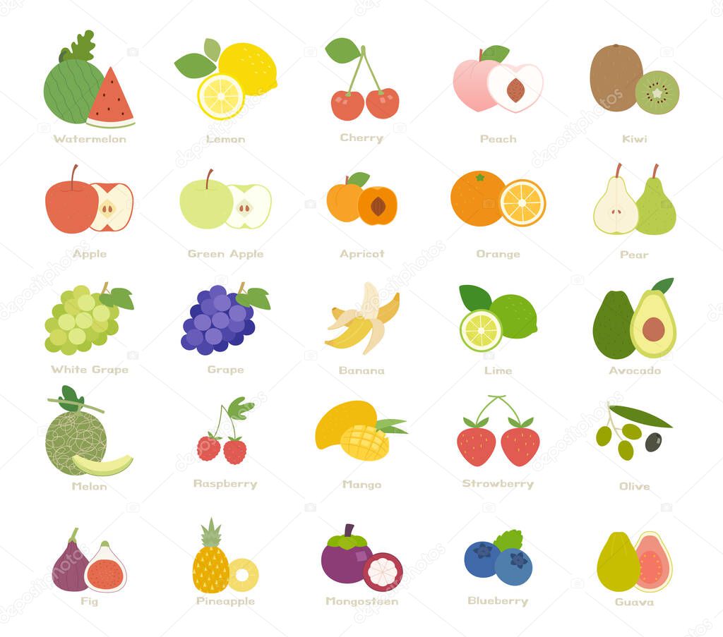 Many kinds of fruits. Whole fruit and slices. flat design style minimal vector illustration.