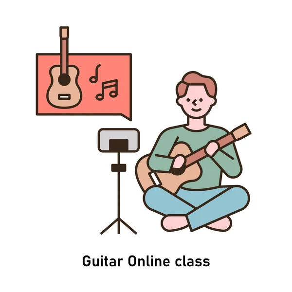 Egy Férfi Gitározni Tanul Miközben Online Tanfolyamot Néz Vázlat Egyszerű — Stock Vector