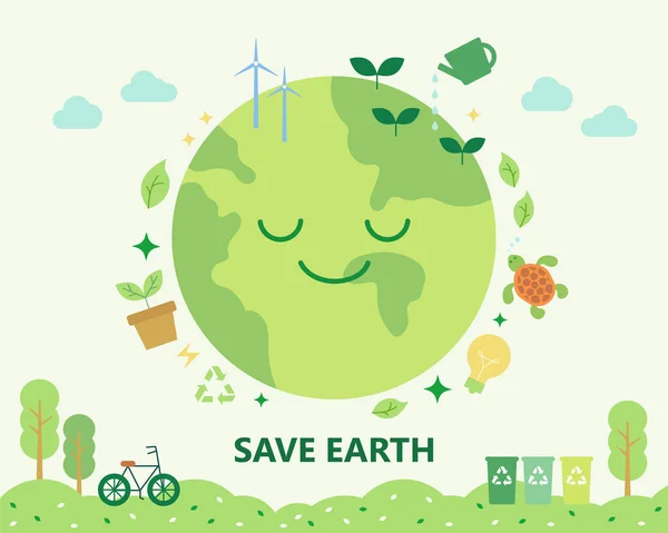 Cartel Protección Ambiental Decorado Con Iconos Ambientales Alrededor Globo Sonriente — Vector de stock