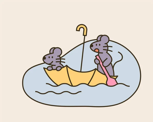 Dvě Roztomilé Myši Křižují Louži Deštníkovém Člunu Roztomilé Zvířecí Postavy — Stockový vektor