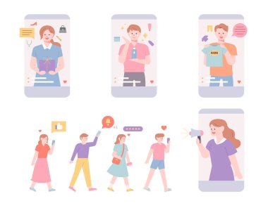 Mobil ekranda, etkenler ürünleri canlı ticaret yoluyla satıyorlar ve insanlar satın almak için sıraya giriyorlar. düz tasarım biçimi asgari vektör çizimi.