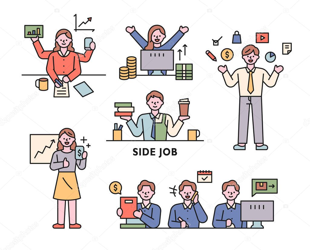 people who do side hustles. Cute characters earn money as a side job. outline simple vector illustration.