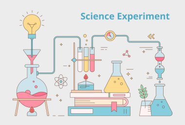 Kimyasal laboratuvar mataraları birbirine bağlı ve kitaplarla dolu. Basit düz tasarım illüstrasyonunu özetle.