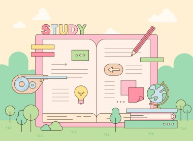 Metin ve simgeler açık nota yazılır. Eğitim simgeleri etrafa saçılmıştır. yumuşak pastel renkli afiş illüstrasyonuName.