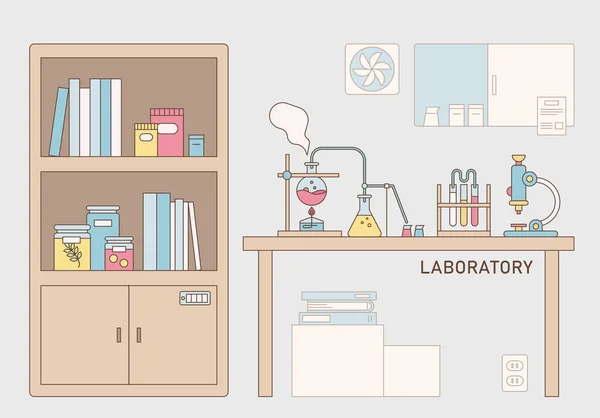 Wissenschaftliches Labor Experimentiergeräte Stehen Auf Dem Tisch Daneben Ein Bücherregal — Stockvektor