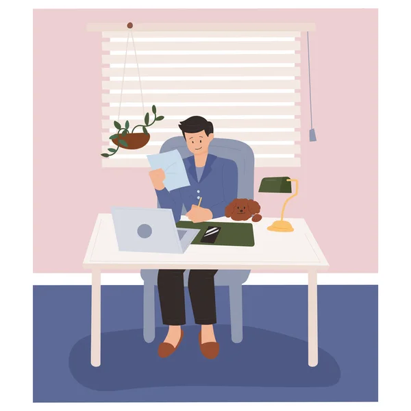 Work Home Man Working Home Cute Puppy Disturbing Him Next — Stok Vektör