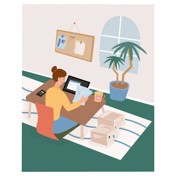 Work Home Woman Working While Sitting Low Desk Flat Design — Stock Vector