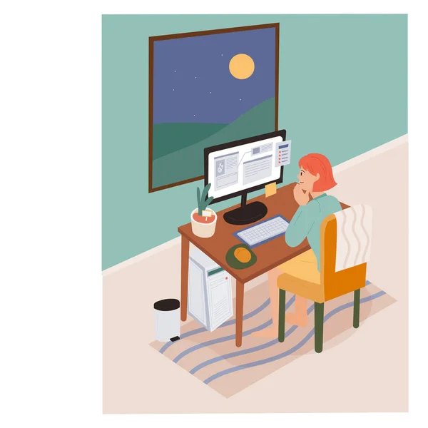 在家工作 一个女人在她的电脑前工作 月亮在她的窗外 平面设计风格最小矢量插图 — 图库矢量图片