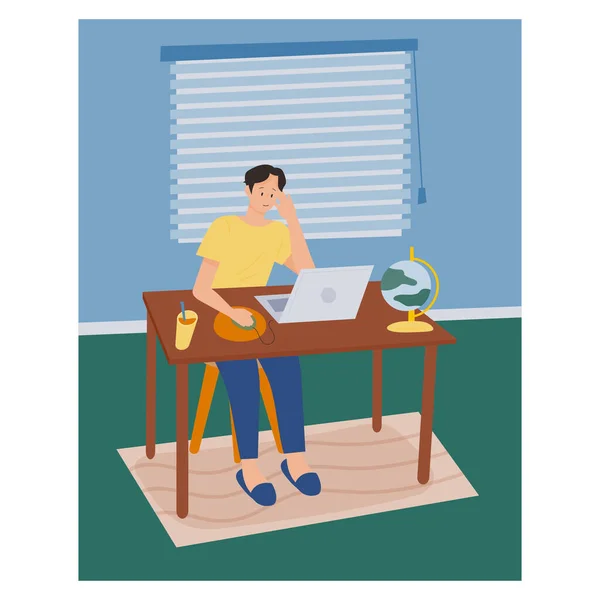 Work Home Man Working While Looking Her Laptop Flat Design — Stok Vektör