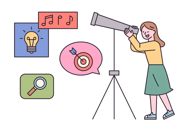 Девушка Смотрит Телескоп Простая Векторная Иллюстрация — стоковый вектор