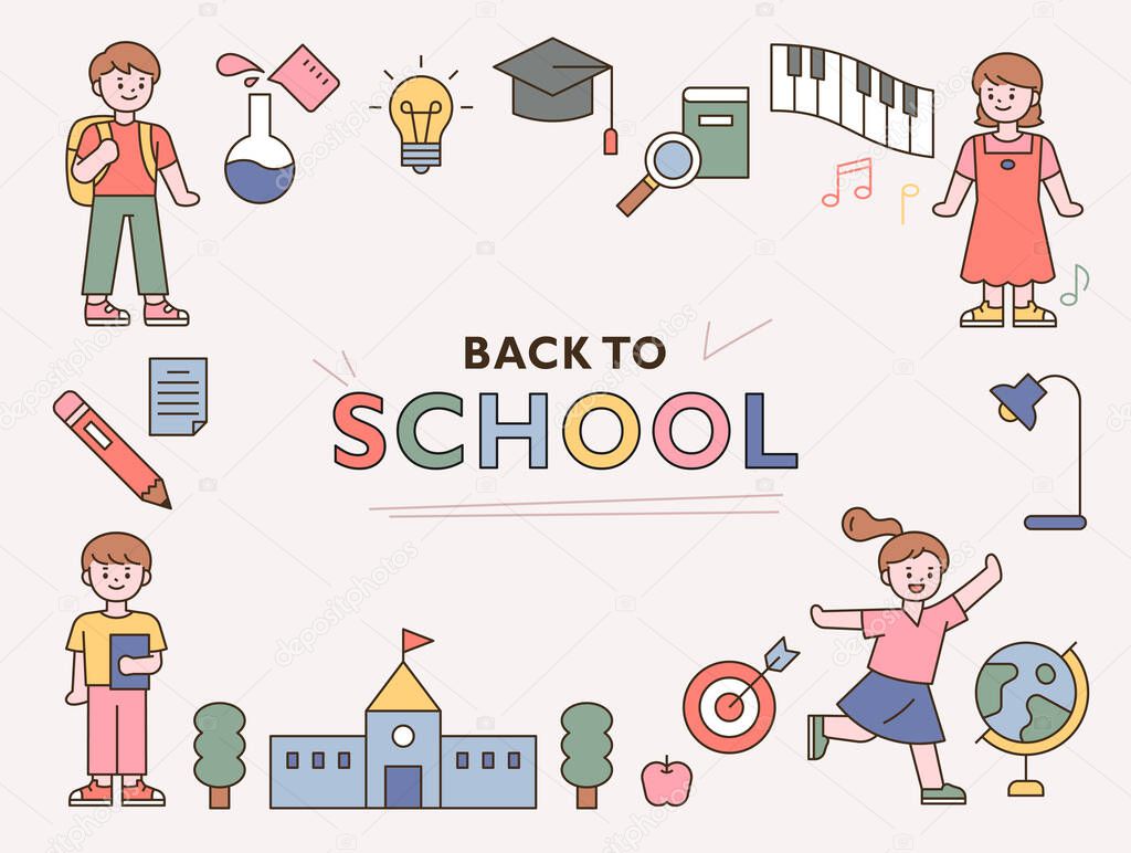 Back to school. Cute students and education icons. outline simple vector illustration.