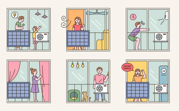 Molti Vicini Nell Appartamento Pannelli Solari Sono Installati Risparmiare Energia — Vettoriale Stock