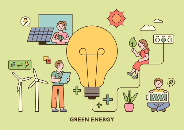 Люди Держащие Зеленые Энергетические Иконки Вокруг Большой Лампочки Простая Векторная — стоковый вектор