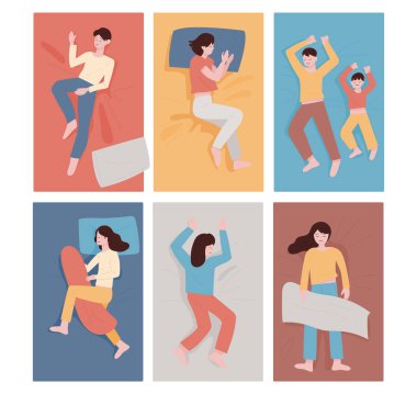 Farklı poziyonlarda uyuyan insanlar. düz tasarım biçimi asgari vektör çizimi.