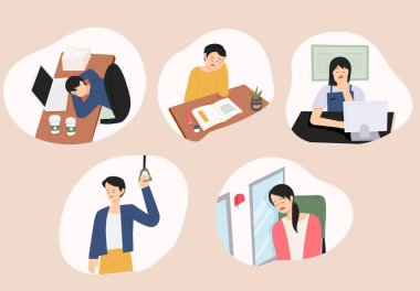 Farklı yerlerde yorgun yüzlerle uyuyan insanlar. düz tasarım biçimi asgari vektör çizimi.