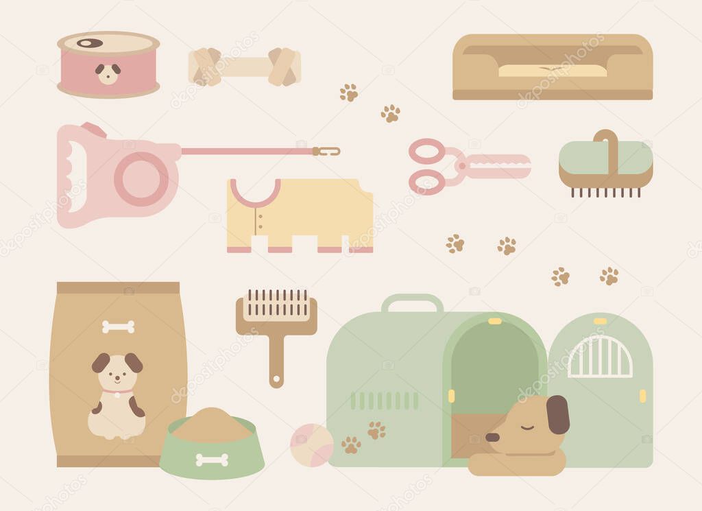  Set of cute dog and pet supplies. flat design style minimal vector illustration.
