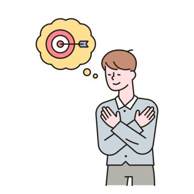 Bir adam bir amaç hayal ediyor ve yüzünde mutlu bir ifade var. özet basit vektör illüstrasyonu.