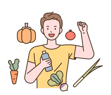 Vejetaryen karakter. Bir adam elinde bir içki şişesi tutuyor ve etrafta sebze ikonları var. düz tasarım biçimi asgari vektör çizimi.