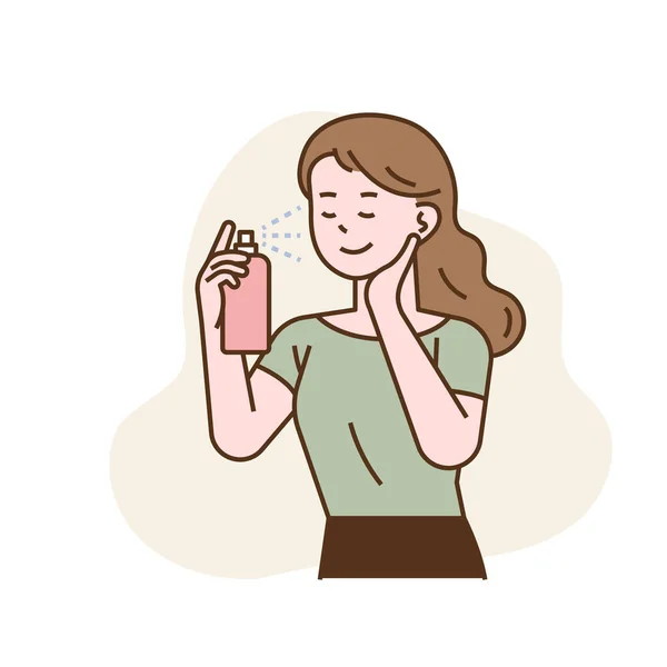 Spray Beauté Végétalien Une Femme Utilise Des Cosmétiques Respectueux Environnement — Image vectorielle