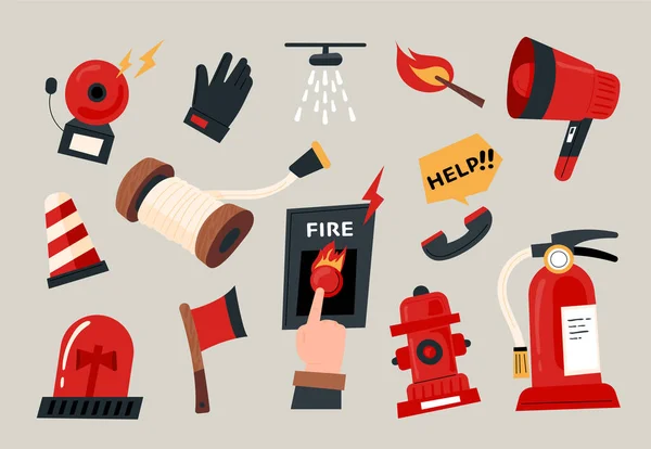 Kumpulan Peralatan Pemadam Kebakaran Gaya Desain Datar Gambar Vektor Minimal - Stok Vektor