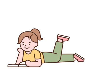 Bir kız yerde yatıyor ve kitap okuyor. özet basit vektör illüstrasyonu.