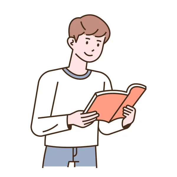 Rapaz Está Ler Livro Delinear Ilustração Vetorial Simples —  Vetores de Stock