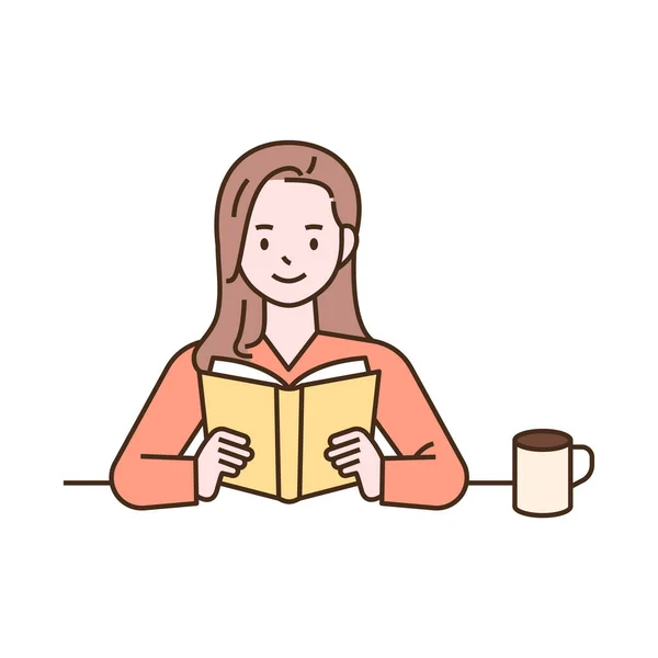Une Femme Est Assise Son Bureau Lit Livre Schéma Illustration — Image vectorielle