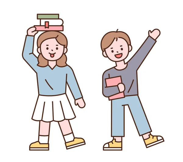 Pequena Menina Bonito Menino Estão Cumprimentando Com Livros Delinear Ilustração —  Vetores de Stock