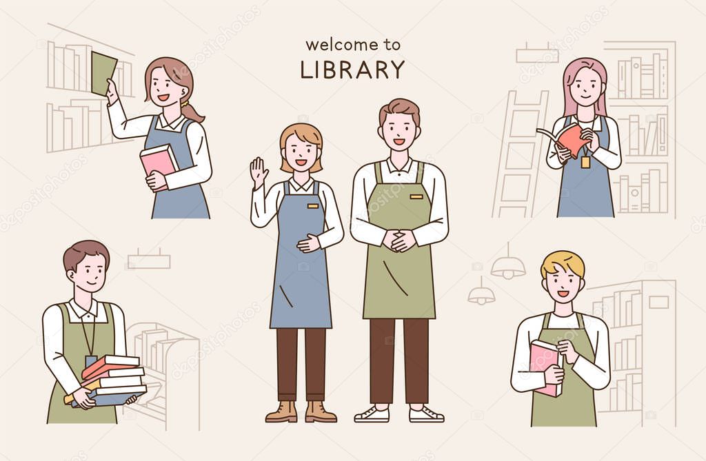 Friendly staff at the bookstore. outline simple vector illustration.