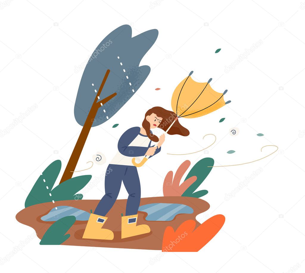 It was raining and a strong wind blew, and the umbrella of a person walking down the street turned over. flat design style vector illustration.