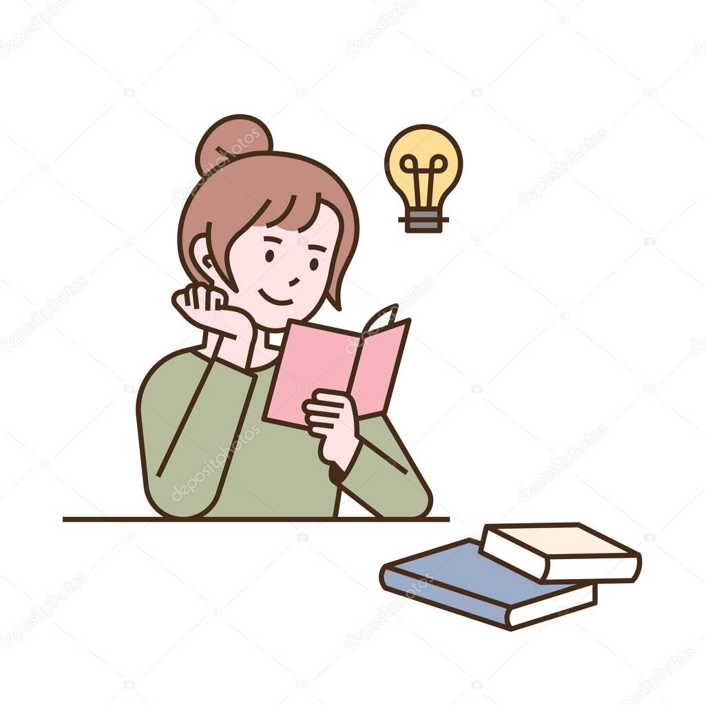 A woman is gaining knowledge from a book. outline simple vector illustration.