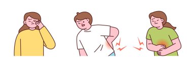 Farklı vücut parçalarında acı hisseden insanların tasviri. Göz, sırt ve mide rahatsızlıklarını ve hastalıklarını ifade ediyor..