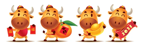 Szczęśliwego Chińskiego Nowego Roku 2021 Cartoon Cute Zestaw Znaków Trzymając — Wektor stockowy