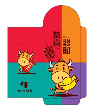 Renkli para paketi kırmızı zarf. Şirin Öküz 'ün renkli bir geçmişi var. Çin Yeni Yılı 2021. Çevirisi: refah içinde yaşayın. - Kırmızı paket.