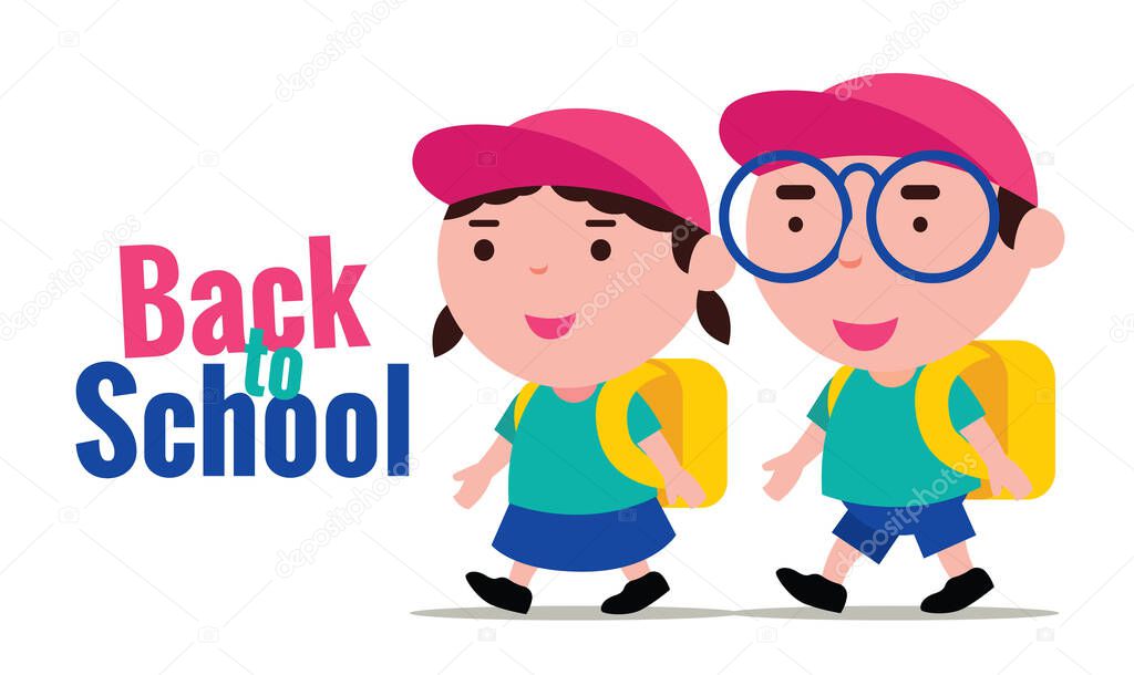 Cute school kids back to school. Boy and girl wear school uniforms and back to school happily. 