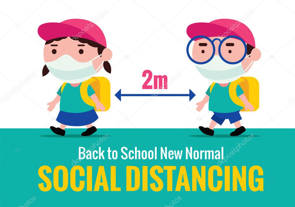 New normal Back to school during Pandemic. Cute kids wearing face masks and keep social distancing to prevent against coronavirus 2019.