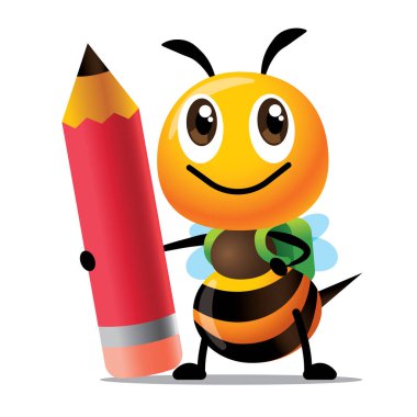 Okula dönelim. Çizgi film karakteri, elinde büyük kırmızı bir kalem ve yeşil ayı okul çantasıyla okula dönmeye hazır.. 